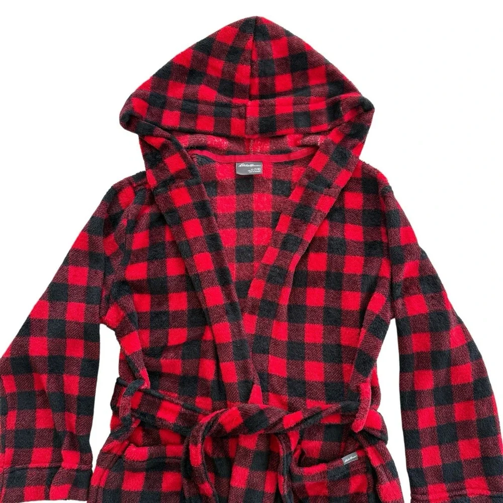 Eddie Bauer Kids Hooded Robe Fleece Red Black Buffalo Plaid Cozy Kids S 7/8‎